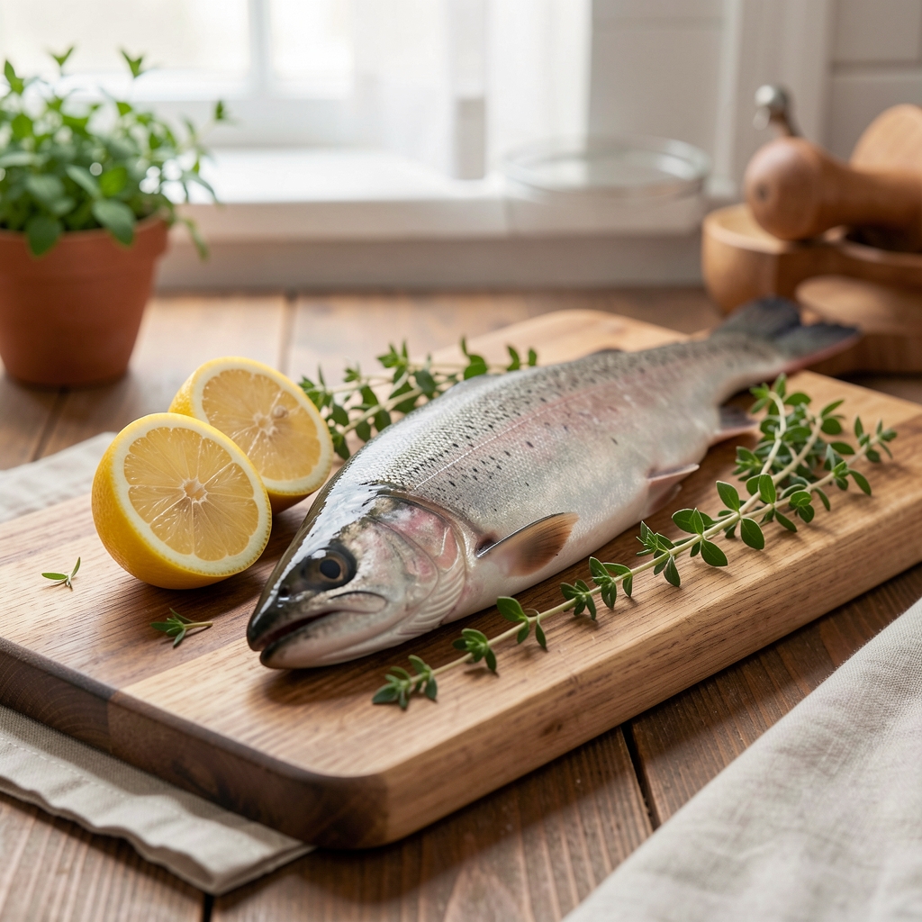 Lachs auf Schneidebrett mit Zitrone und frischen Kräutern, reduzierte Küchenkomposition, natürliches Licht
